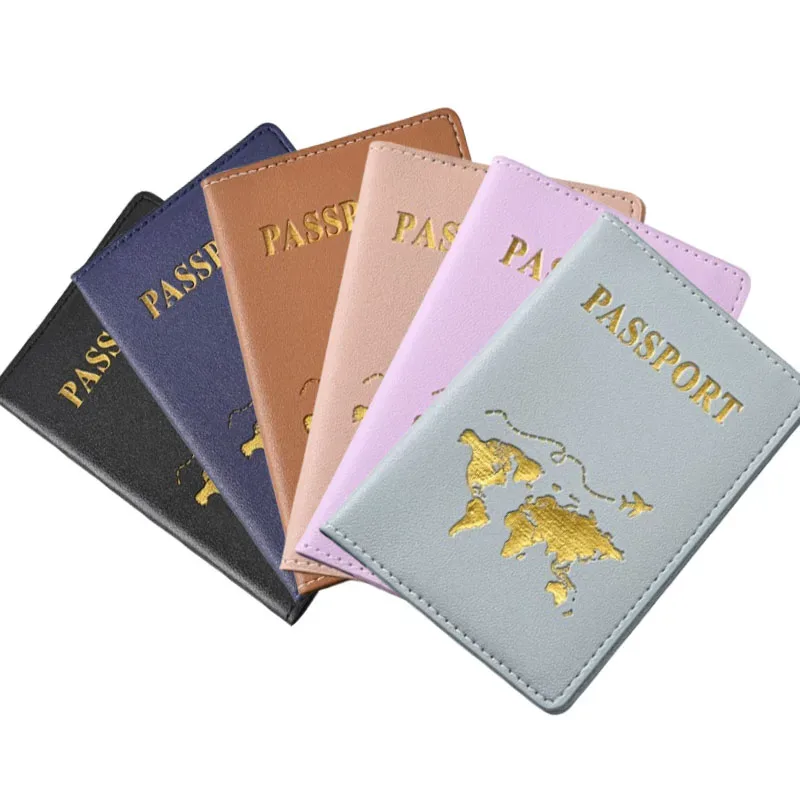Étui de protection de passeport de voyage en cuir PU pour femmes et hommes, estampage à chaud, conception de carte, porte-passeport, clip de billet intégré