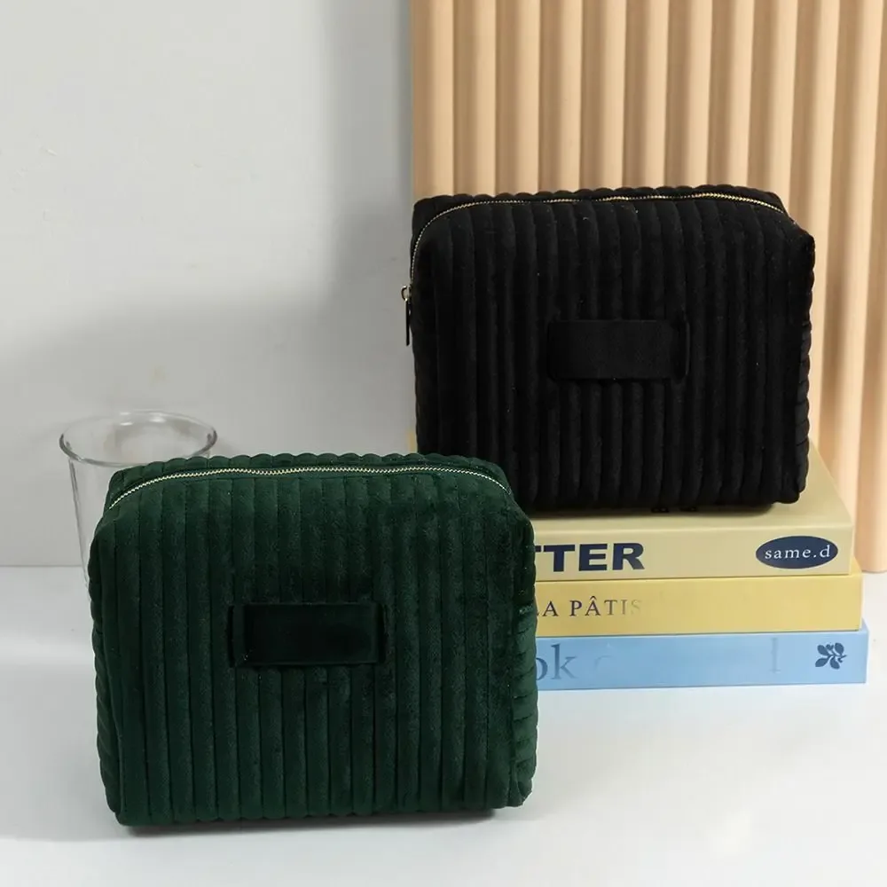 sac de maquillage en velours multi-usages, rayé, matelassé, au toucher doux, trousse de toilette grande capacité, sac cosmétique de voyage