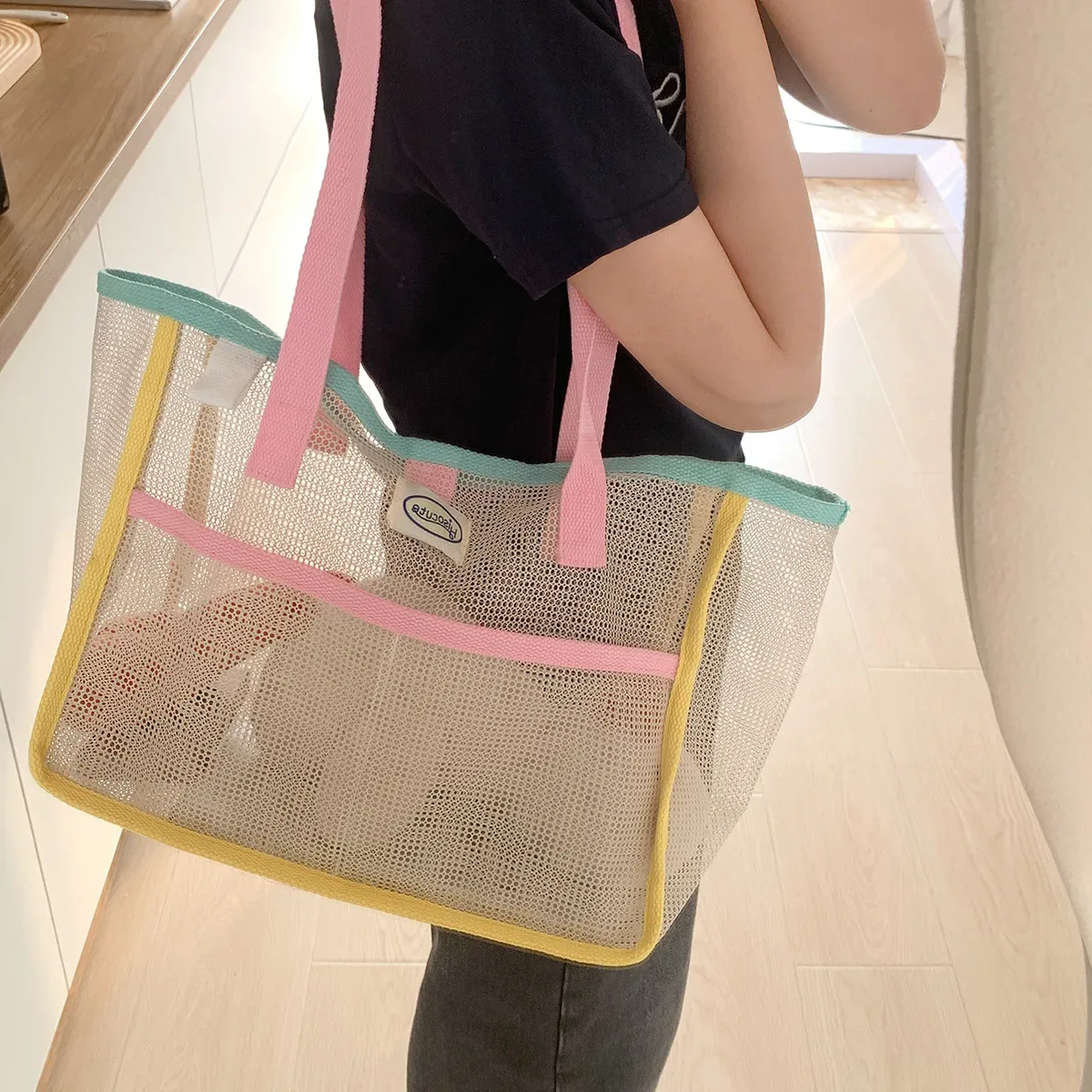 sac fourre-tout en maille mignon, sac de plage portable, respirant, à séchage rapide, pliable, grande capacité, sac à bandoulière pour femmes et filles