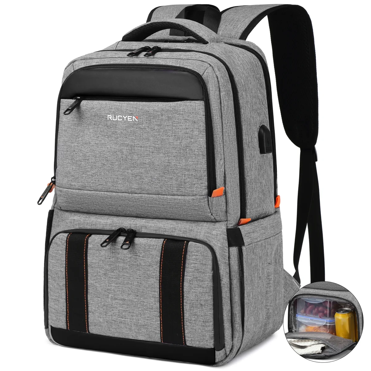Sac à dos isotherme pour le déjeuner, sac à dos pour ordinateur portable avec blocage RFID 15,6 pouces, sac à déjeuner avec port USB pour hommes et femmes