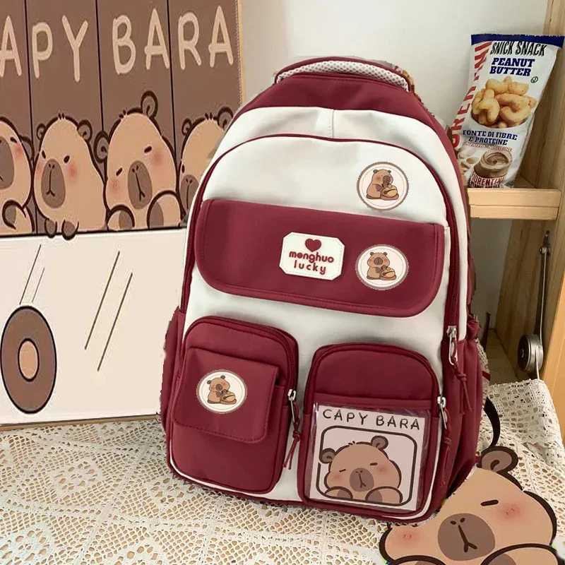 dessin animé capybara école sac à dos étudiant pochette d'ordinateur tissu imperméable sangle réglable sac de voyage décontracté avec plusieurs poches