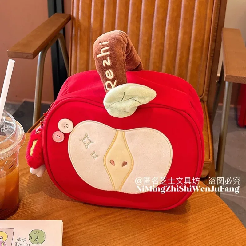 sac à cosmétiques en peluche rouge pomme, pochette de maquillage portable, organiseur de toilette grande capacité, sac de rangement pour soins de la peau, sac à main de voyage pour femmes