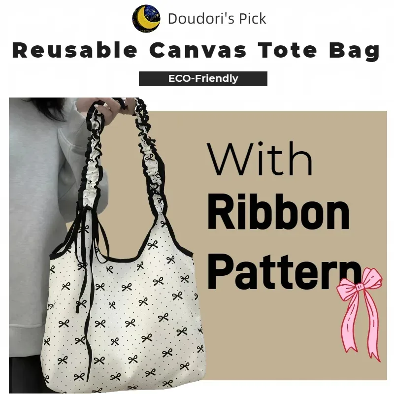 sac fourre-tout à bandoulière léger à main, grande capacité, tendance, motif de points de ruban, matériau en toile, pour étudiants, banlieue