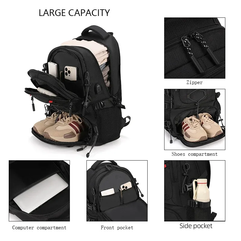 sac à dos d'escalade usb pour ordinateur portable, sac à dos léger avec sac à chaussures, sac à dos de camping en plein air, sac à dos de randonnée, cartable de sport et de gym