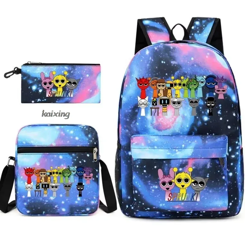 ensemble de 3 sacs à dos imprimés sprunki anime, avec sac fourre-tout et pochette, sac à dos d'extérieur léger et respirant de grande capacité