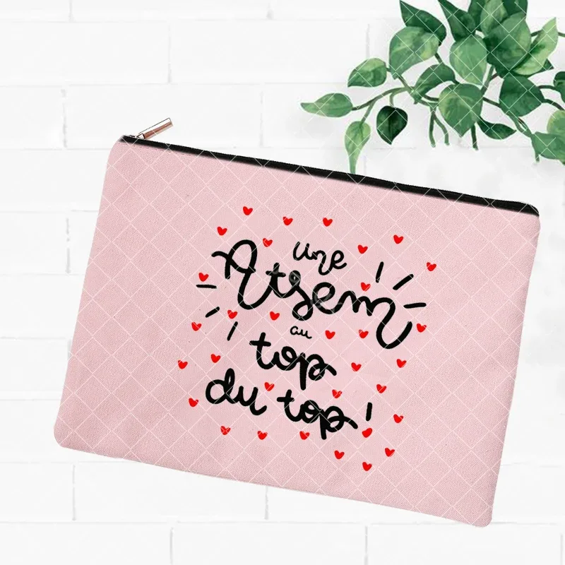 merci atsem – trousse de maquillage imprimée française, grande trousse à crayons, fournitures de papeterie scolaire, sac de rangement, pochette de lavage de voyage, cadeaux pour atsem
