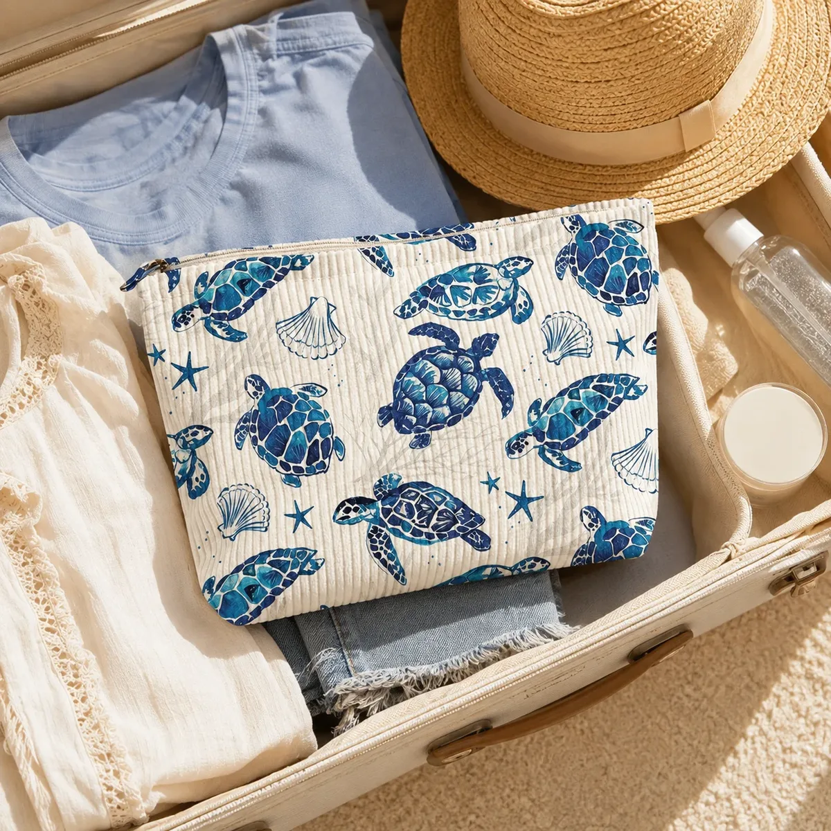 trousse de maquillage en velours côtelé bleu tortue marine grande capacité, organisateur de toilette de voyage pour femmes, essentiels de vacances à la plage
