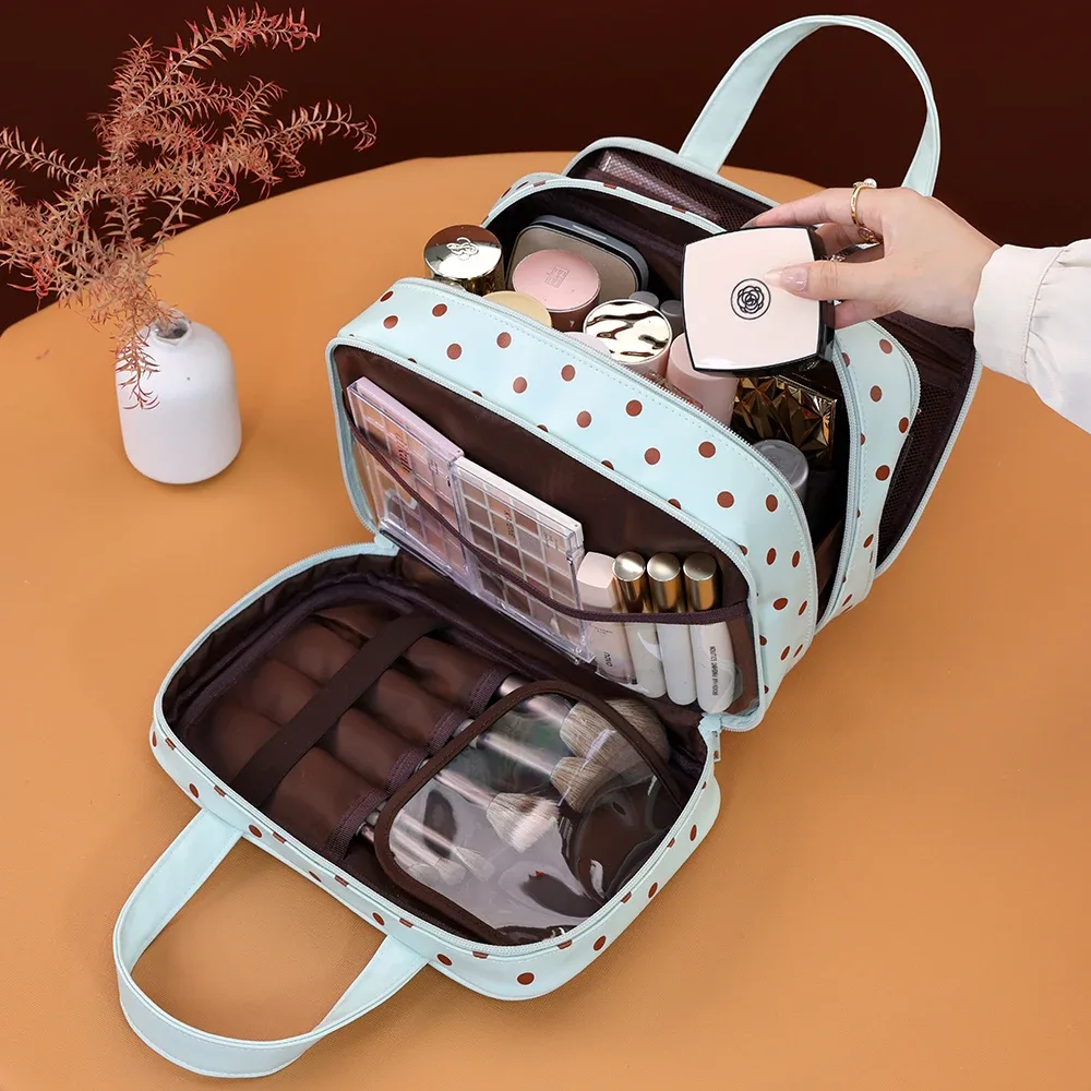sac de maquillage portable à pois, sac à cosmétiques multifonctionnel à trois couches en cuir pu, sac de rangement de voyage étanche de grande capacité