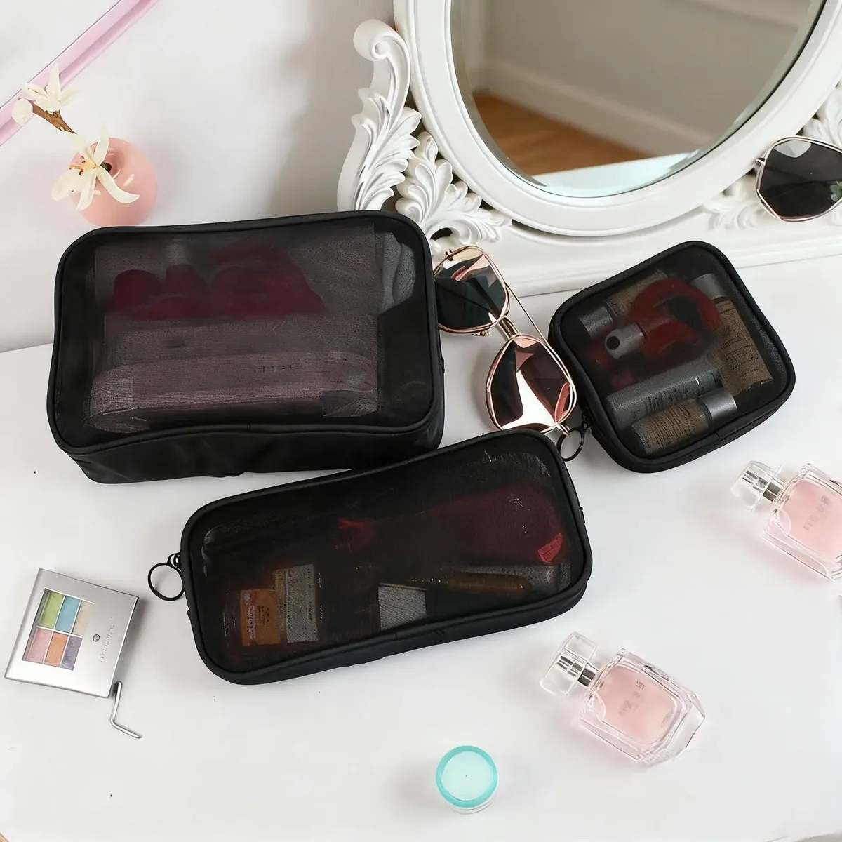 sac cosmétique en maille de nylon grande capacité, sac de rangement portable pour articles de toilette de voyage, organisateur de maquillage respirant et durable avec fermeture éclair