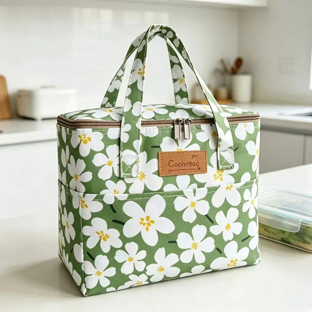 Sac isotherme carré portable d'extérieur en tissu Oxford imprimé à quatre poches, grande capacité, sac fourre-tout thermique multifonctionnel