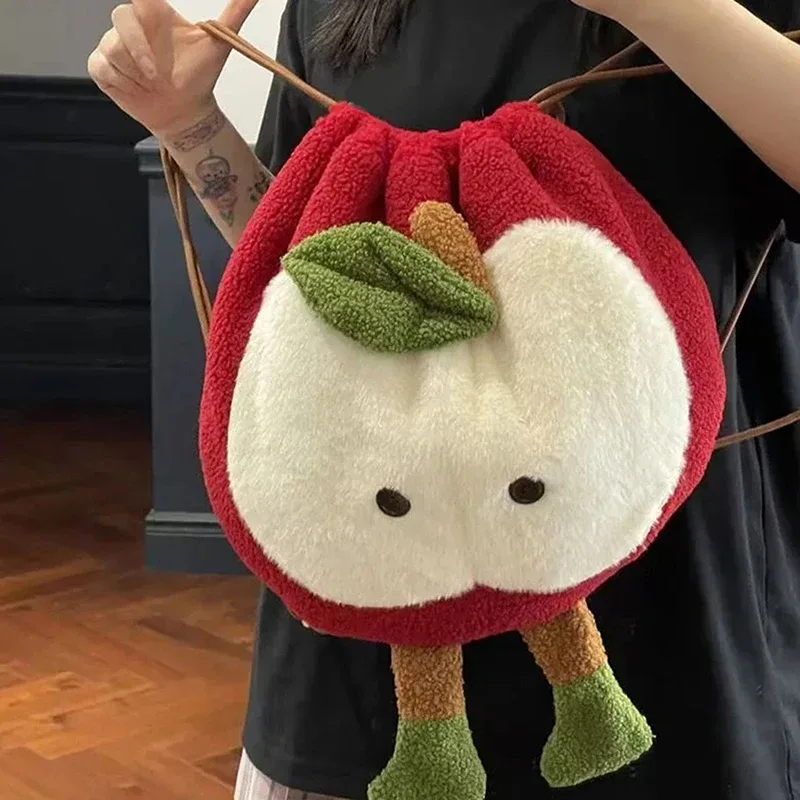 dessin animé mignon pomme épaule en peluche sac d'ordinateur pomme cordon sac à dos sac à dos grande capacité sac à dos cadeau de noël