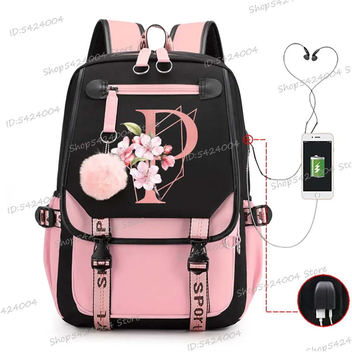 collège étudiants sacs d'école rose sakura lettres r mode voyage sac à dos adolescentes noir rose cartable a-z dessin animé cartable