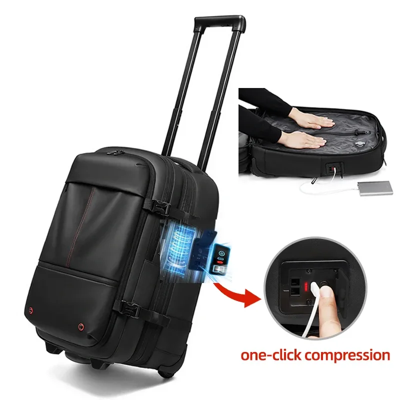 sac à dos de voyage à roulettes avec pompe de compression sous vide pour homme, sac à dos à roulettes, bagages à roulettes pour emporter en cabine