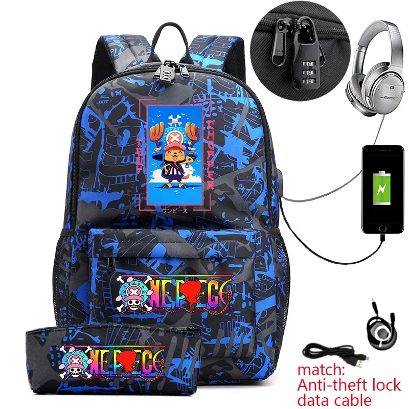 sac à dos antivol pour étudiants avec imprimé tony chopper, avec trousse à crayons, sac à dos décontracté pour garçons, filles et adolescents