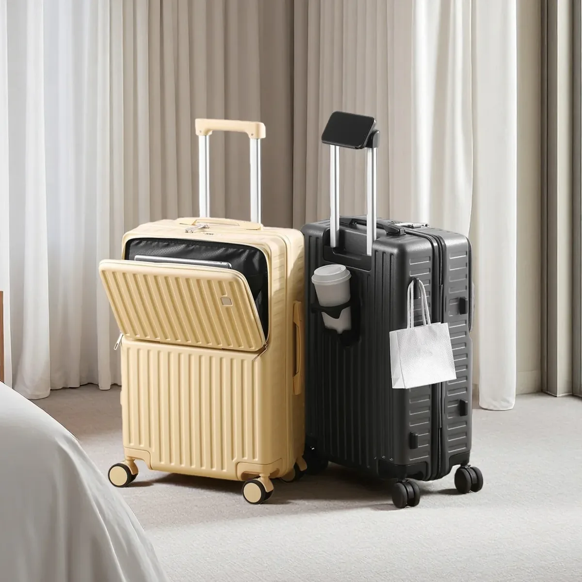 porte-bagages à main à ouverture frontale, support de téléphone caché, compartiment humide/sec, 20 pouces abs + pc, valise multifonctionnelle, porte-gobelet, crochet latéral