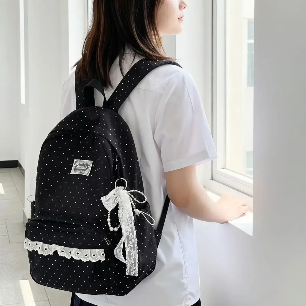 sac à dos tendance à pois, design minimaliste avec nœud, garniture en dentelle, sac à dos durable grande capacité pour étudiant, cadeau