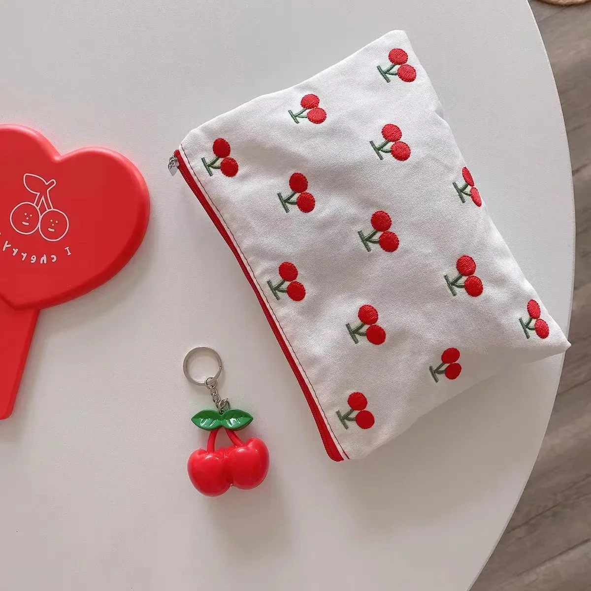 sac à cosmétiques en coton portable mignon cerise broderie femmes sacs de rangement petite femme voyage fermeture éclair maquillage téléphone pochette étui