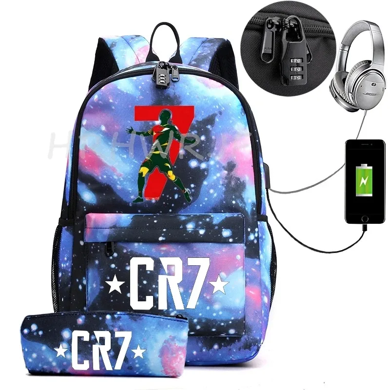 sac à dos usb cr7 pour femmes et hommes, sac à dos de voyage décontracté anti-vol, sacs d'école pour adolescents avec capacité pour ordinateur portable, avec trousse à crayons, 2 pièces