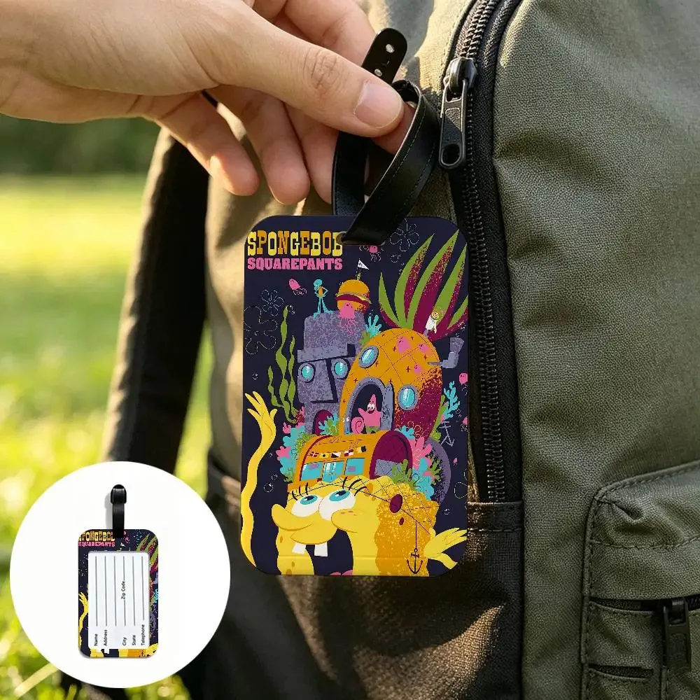 étiquette de bagage portable anti-perte en pvc, motif dessin animé mignon s-spongebob, porte-carte d'informations pour valise, sac à dos, étiquette de voyage