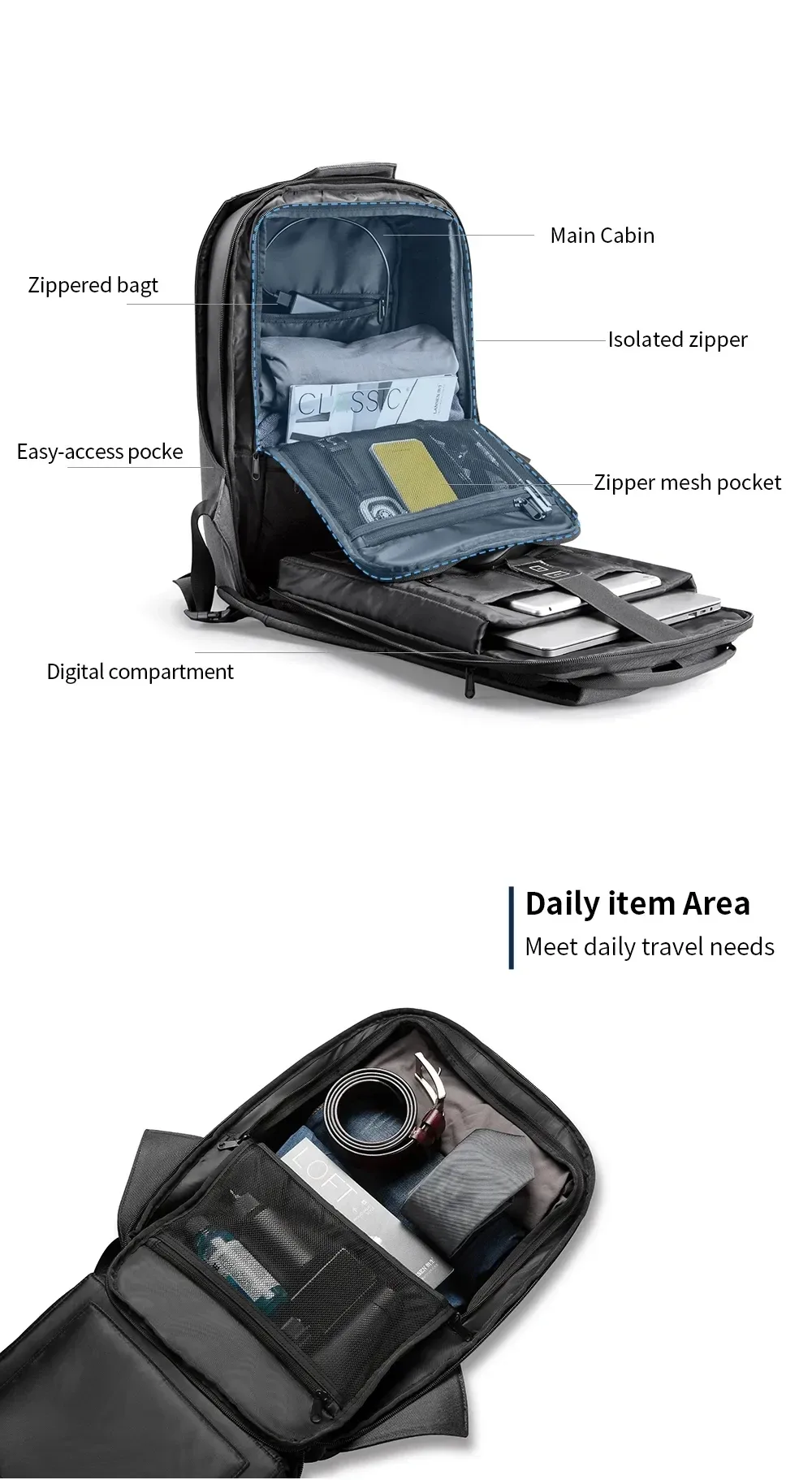 kingsons-sac à dos antivol pour homme, résistant à 180 °, ouvert, chargement usb, sac pour ordinateur portable, 15.6 pouces, sacs d'école pour adolescents