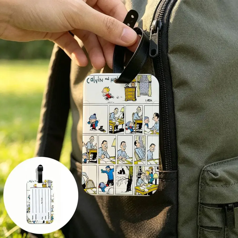 c-calvin-and-hobbes étiquette de bagage anti-perte en pvc durable, nostalgique et de qualité supérieure, avec carte d'information, légère, pour l'identification des bagages