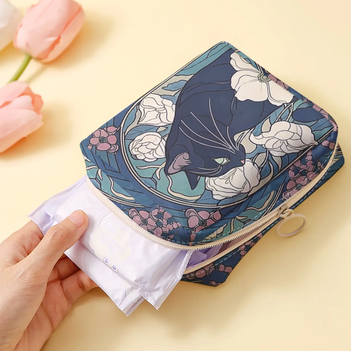 1 sac de rangement pour serviettes hygiéniques imprimé motif chat, sac léger pour mouchoirs pour femmes, sac pour mouchoirs hygiéniques
