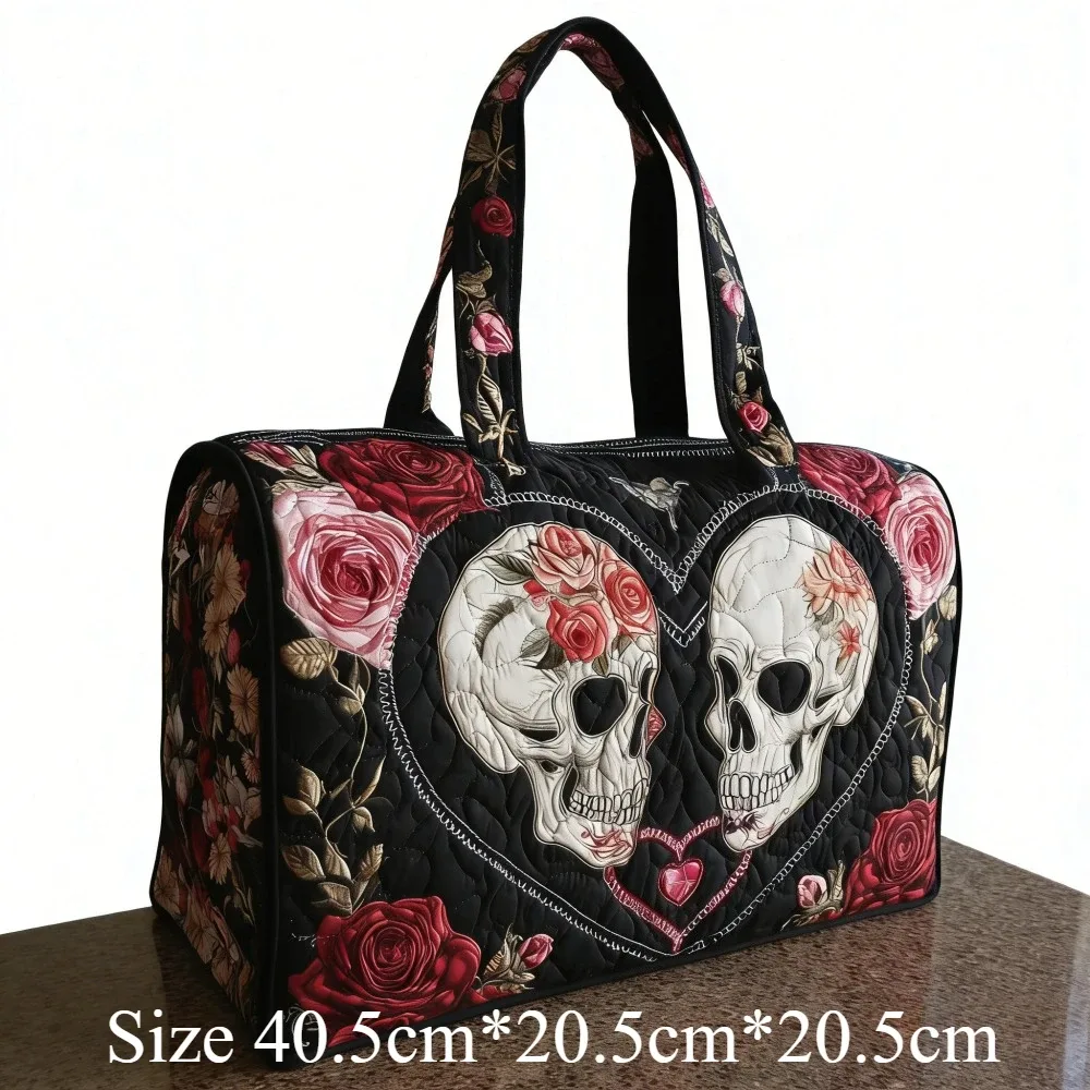 sac de voyage matelassé 3d vintage gothique imprimé crâne et rose, sac de week-end, bagage cabine, sac à main y2k style motard chic, sacs de vacances uniques