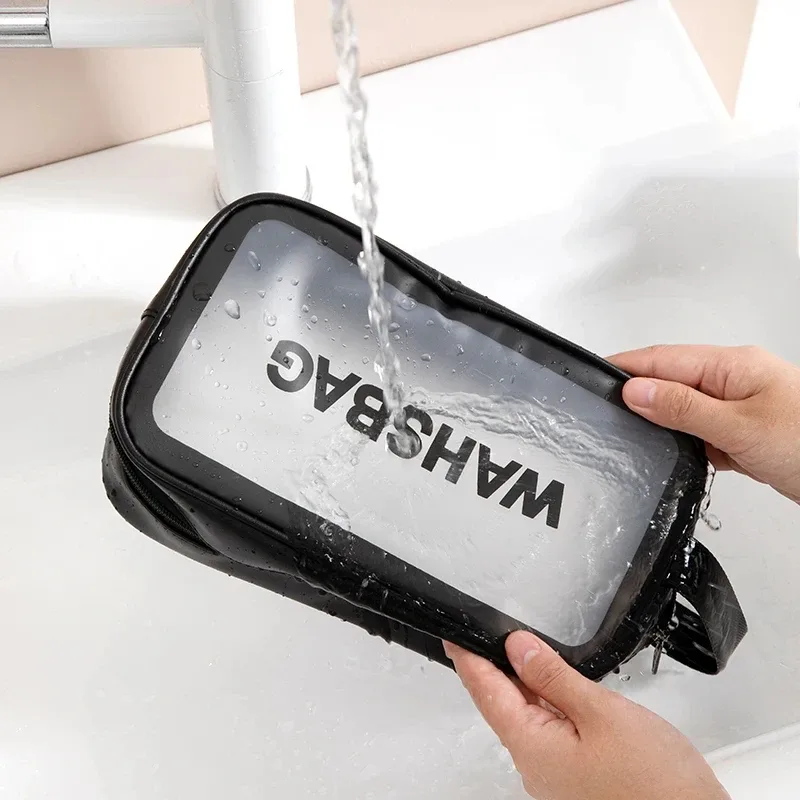 trousse de toilette de voyage grande capacité, transparente, à double compartiment sec/humide, en pu givré, portable, sacs de rangement pour le bain