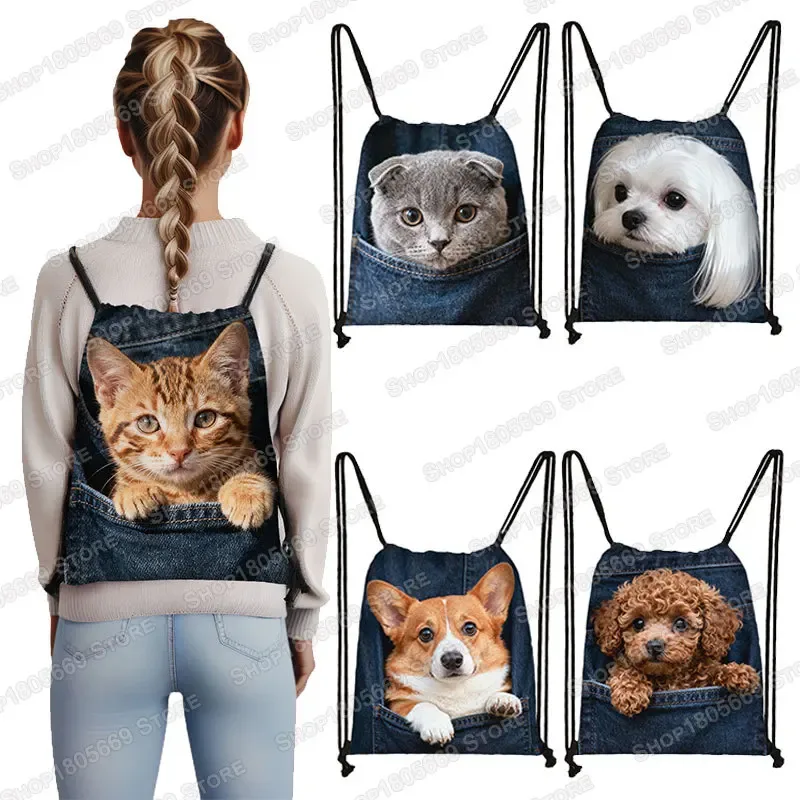Sac de poche imprimé Animal pour femme, sac à cordon de serrage, chat mignon et chien, sacs de rangement de loisirs, sac à dos pour adolescent, porte-chaussures pour cadeau de voyage