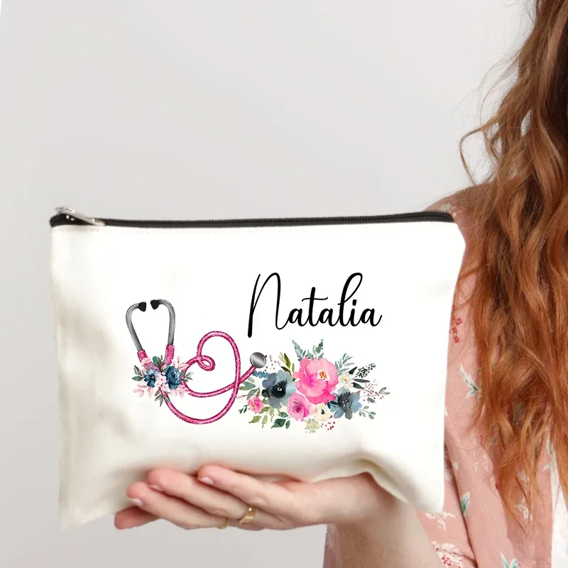 Sac de rangement personnalisé pour infirmières, pochette en toile à fermeture éclair, fournitures de bureau, étui à stylos, portefeuille avec nom personnalisé, sacs à cosmétiques, cadeau pour infirmières