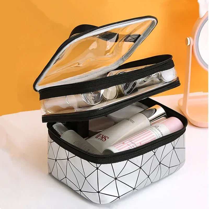 sac à cosmétiques double couche, grande capacité, portable, étanche, sac de maquillage, rangement transparent, trousse de toilette, bx19