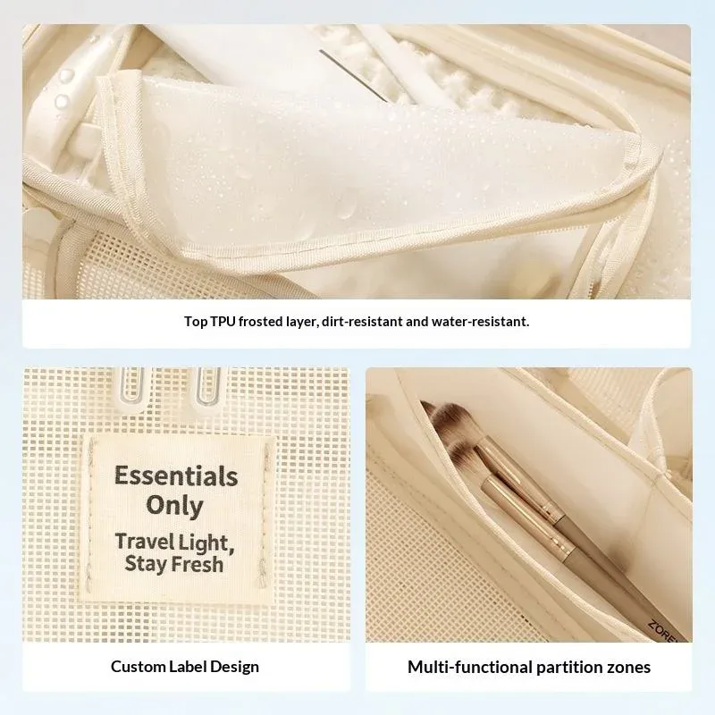 sac de voyage cosmétique et de maquillage tendance avec fermeture éclair, motif lettres en maille, durable, grande capacité, portable, respirant et à compartiments