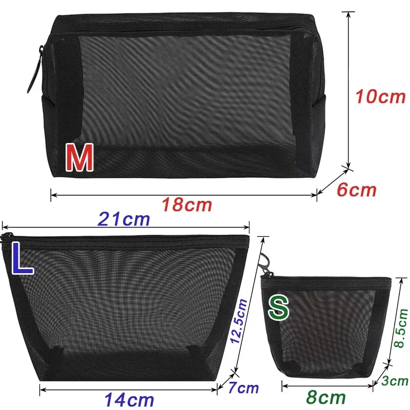 trousse de toilette en maille noire, sacs à cosmétiques pour hommes et femmes, solide, petit, grand voyage, organisateur de maquillage portable, pochette de rangement pour rouge à lèvres, 1/3 pièces