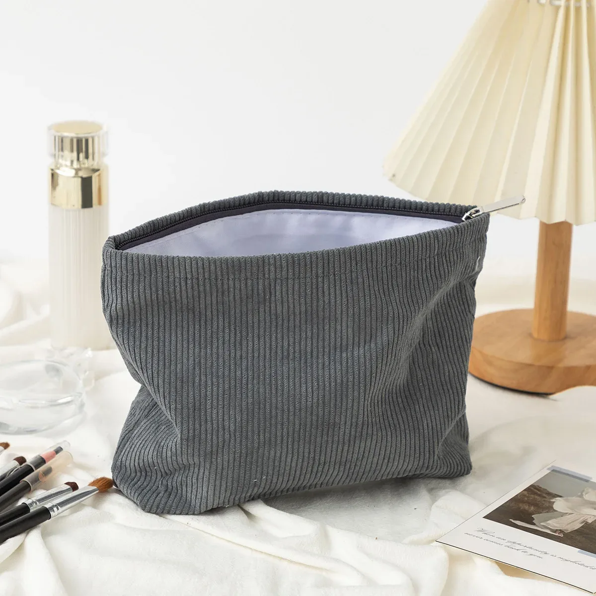 sac à cosmétiques en velours côtelé pour femmes, organisateur de maquillage coréen de couleur unie, pochette de toilette de voyage, trousse de beauté