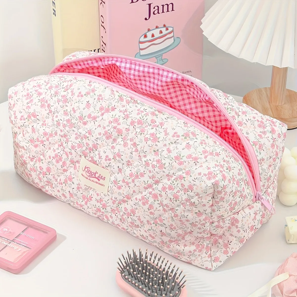 sac de rangement de beauté de voyage de grande capacité de style coréen, mignon, à motifs floraux, pour sèche-cheveux et fer à friser, avec rangement pour le maquillage