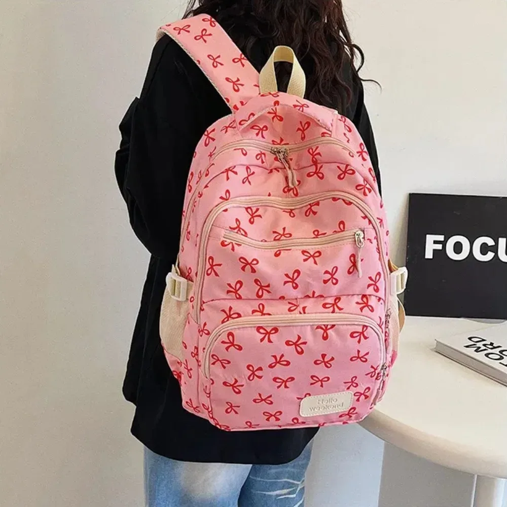 3 pièces/ensemble mignon grande capacité arc sac à dos nœud imprimé nylon sac d'école sangle réglable voyage sac à dos