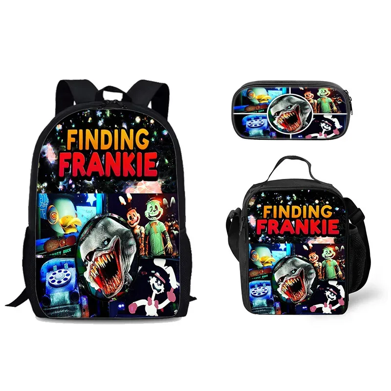 Sac à dos tendance et populaire avec impression 3D Frankie, ensemble de 3 pièces pour étudiants : sac à dos pour ordinateur portable, sac à déjeuner et trousse.