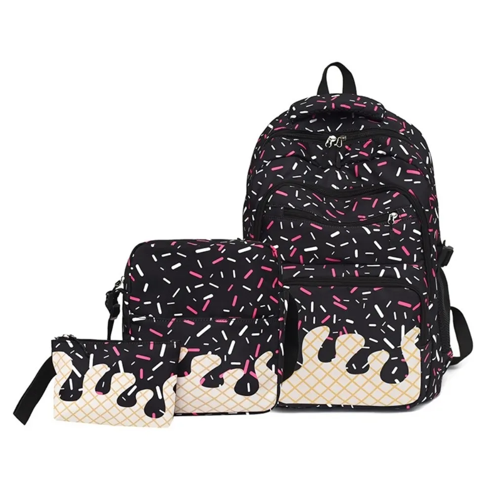ensemble de sacs à dos en tissu oxford imprimé crème glacée avec trousse à crayons, sac à dos de grande capacité assorti à un sac bandoulière et un sac fourre-tout.