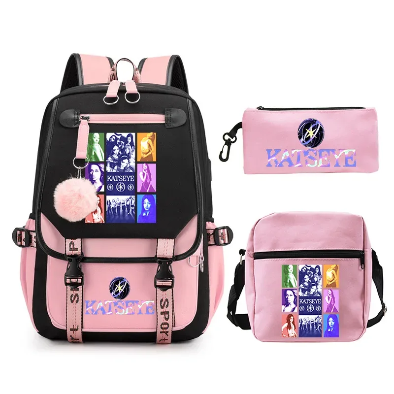 sac à dos imprimé katseye kpop pour adolescentes, ensemble de trousses à crayons, sac à dos d'école pour étudiantes, mochila de voyage pour femmes, 3 pièces
