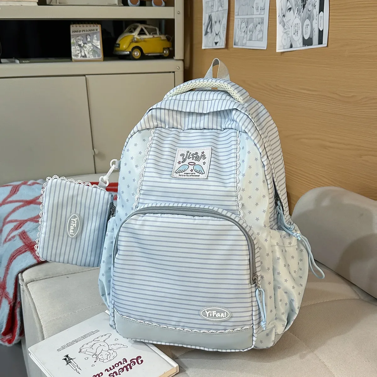 cartable d'étudiant mignon rayé et en forme d'étoile, pendentif de porte-monnaie mignon pour les déplacements et l'extérieur, sac à dos léger de voyage