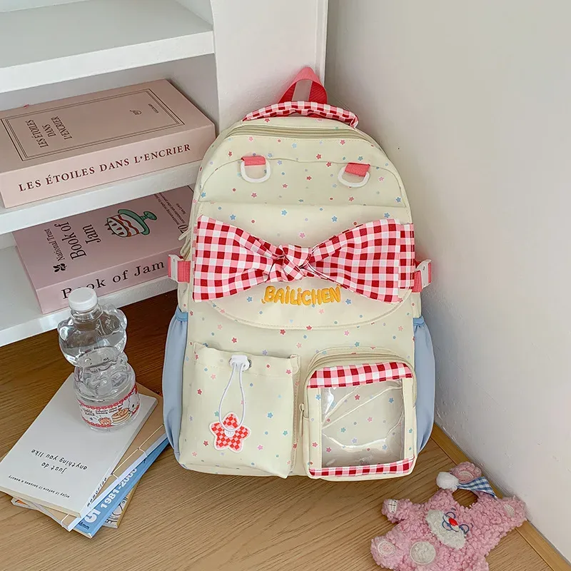 sac à dos en nylon pour adolescente, style coréen, avec nœud papillon, imprimé à carreaux et lettres, grande capacité, pour voyage et école