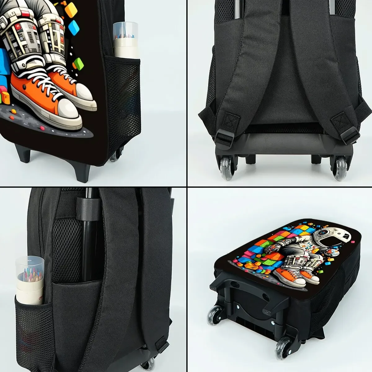ensemble de sacs à roulettes à imprimé spatial d'astronaute avec boîte à lunch, trousse à crayons, sac à roulettes pour l'école, sac à dos pour fille/garçon