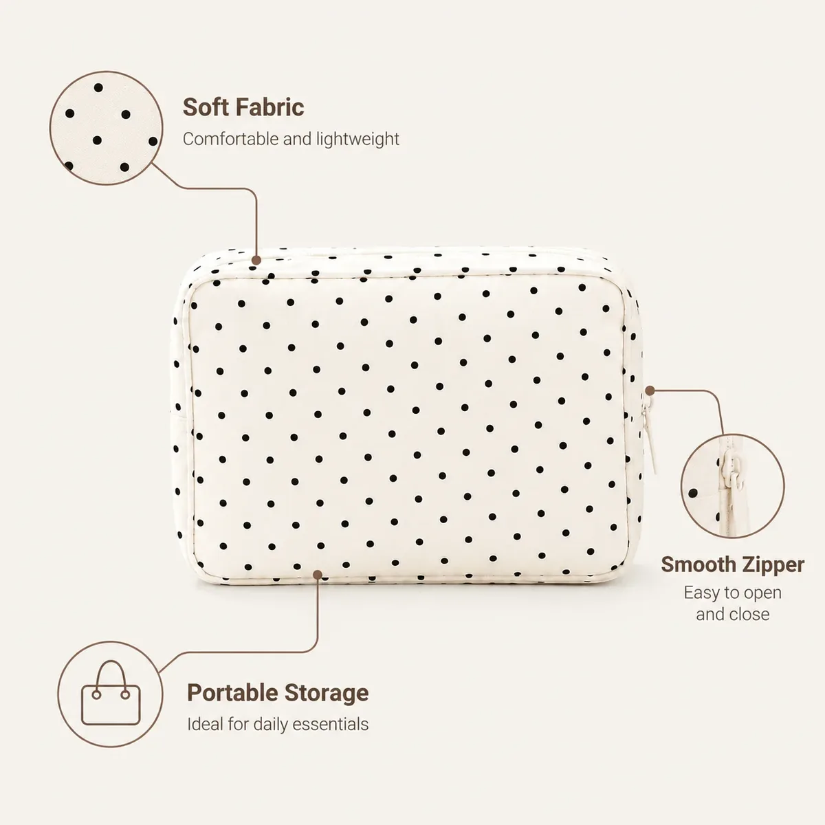 trousse de maquillage noire à pois, pochette portable grande capacité, organisateur de toilette pour femmes, essentiels de beauté quotidiens et de voyage
