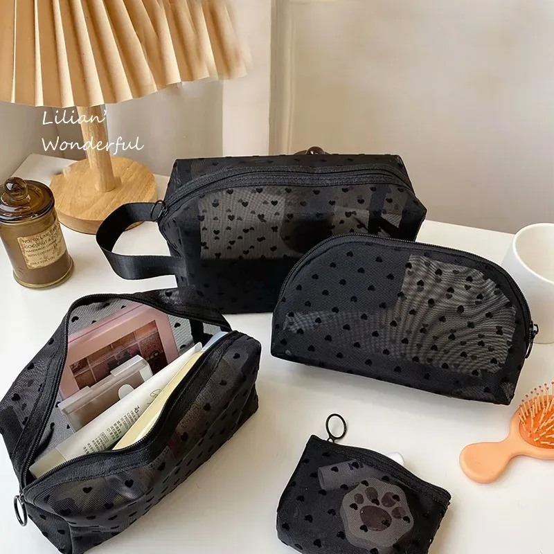 neceser noir coeur voyage sac cosmétique mode maille petit grand sac de toilette pochette de rangement de maqu