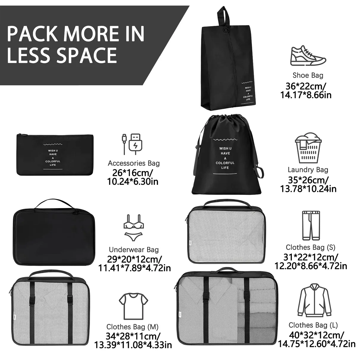7 pièces/ensemble organisateur de voyage sacs de rangement valise emballage cubes ensemble étuis portable bagages vêtements chaussure bien rangé pochette pliante.-zmt
