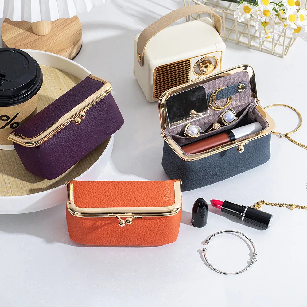 mini trousse de maquillage multifonction en cuir avec miroir, étui de voyage portable pour rouge à lèvres, bijoux, bagues, petits objets