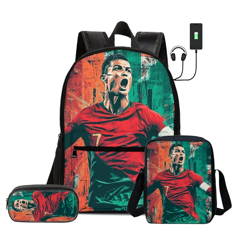 ensemble de 3 sacs à dos avec sac à bandoulière, trousse scolaire pour enfant, sac à dos ronaldo avec interface usb, sac à dos pour enfants
