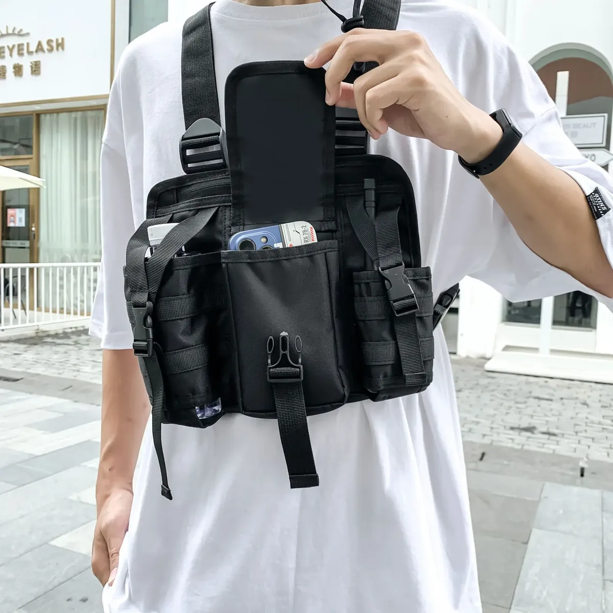gilet cargo tactique combiné fonctionnel, sac de poitrine pour hommes et femmes, techwear de plein air, sac à dos tactique réglable, streetwear