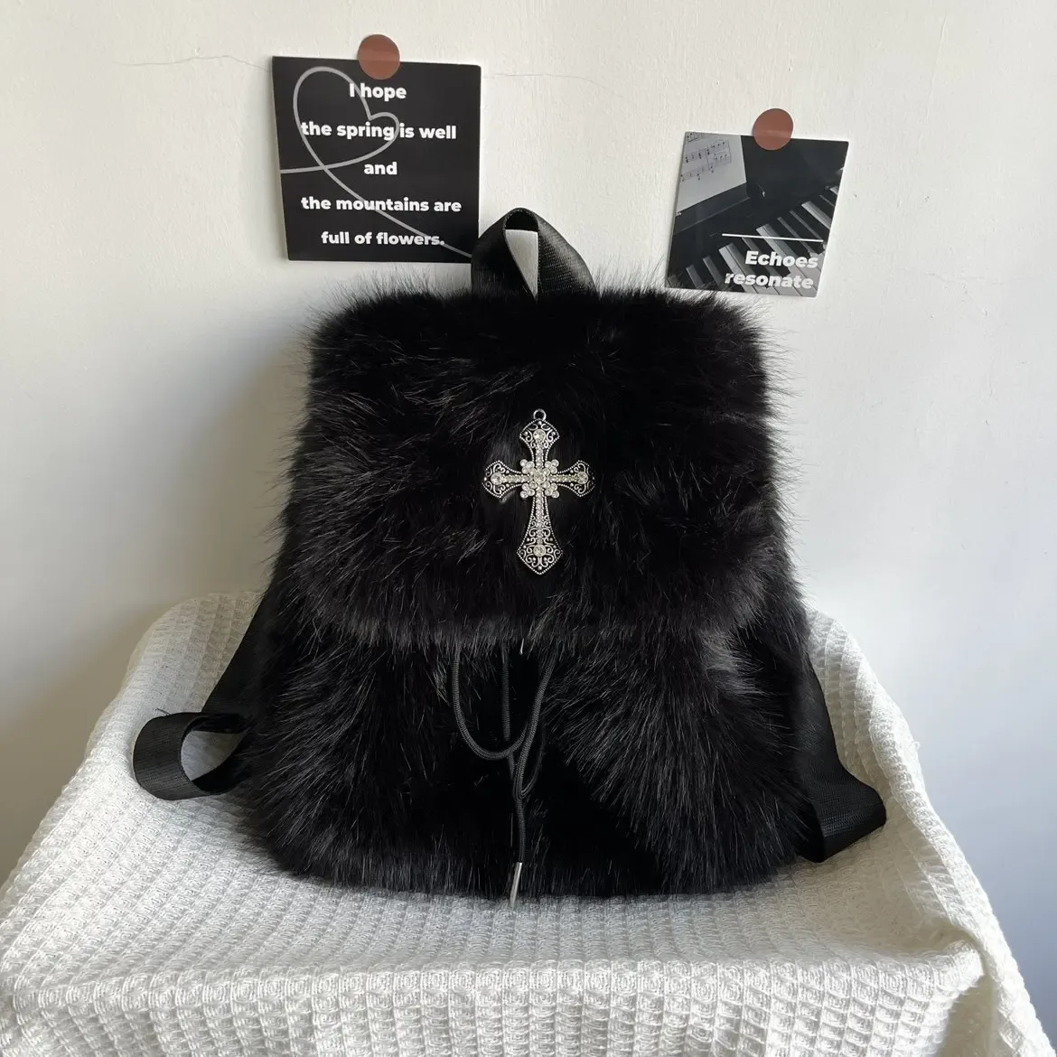 sac à dos en peluche noir y2k, design automne-hiver, sac à dos tendance pour filles, sacs à dos gothiques originaux