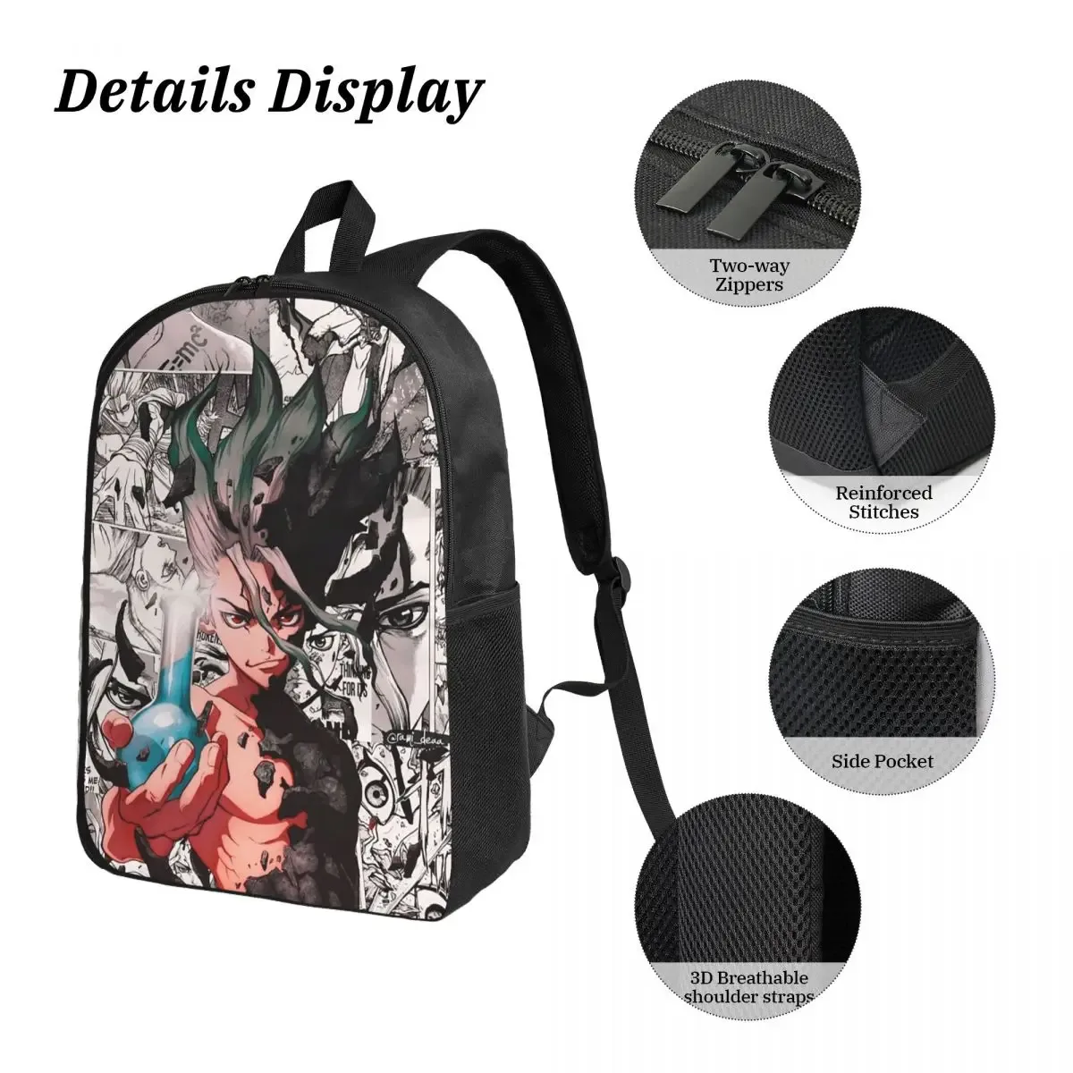 sac à dos d'école senku ishigami dr stone apan anime, sac à bandoulière pour ordinateur, 3 pièces, sac à déjeuner isotherme, trousse à crayons